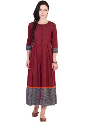 Women's Designer Maroon Mangalgiri Pleated Midi With Block Printed Grey Border 1