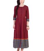 Women's Designer Maroon Mangalgiri Pleated Midi With Block Printed Grey Border