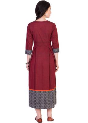 Women's Designer Maroon Mangalgiri Pleated Midi With Block Printed Grey Border 2