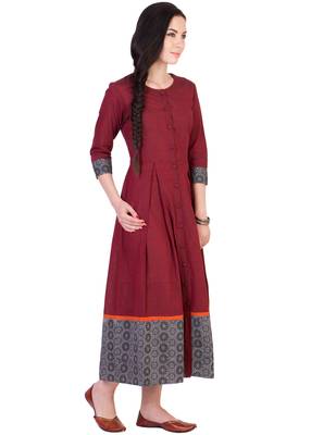 Women's Designer Maroon Mangalgiri Pleated Midi With Block Printed Grey Border 3