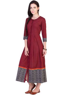 Women's Designer Maroon Mangalgiri Pleated Midi With Block Printed Grey Border 4