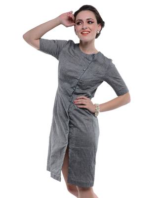 Women's Designer Grey South Cotton Dress With Asymetrical Buttoning 2