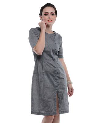 Women's Designer Grey South Cotton Dress With Asymetrical Buttoning 4