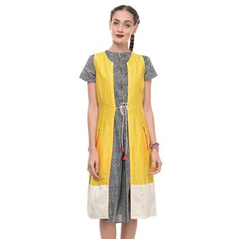 Women's Designer Yellow Cotton Silk Wrap Dress With White Border 1