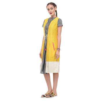 Women's Designer Yellow Cotton Silk Wrap Dress With White Border 2