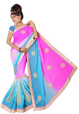 Pink and Blue Embroidered Georgette Saree With Blouse 1