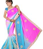 Pink and Blue Embroidered Georgette Saree With Blouse