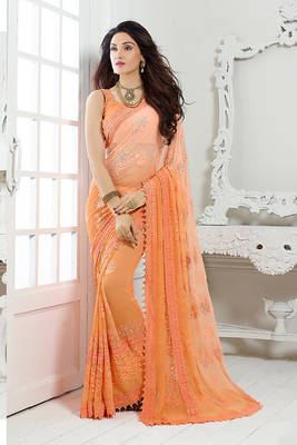 Orange embroidered chiffon saree with blouse 1