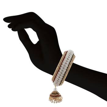Indian Exclusive Pearl Maroon And Green Stone Rose Gold Finishing Jhumka Bangle 2