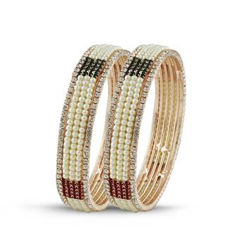 Indian Traditional Maroon & Green Stone Pearl Rose Gold Finishing Bangle 1