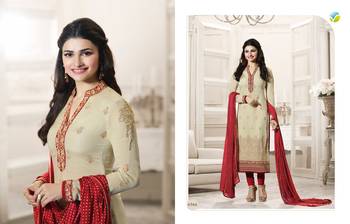 Cream and Red  embroidered georgette semi stitched salwar with dupatta 1
