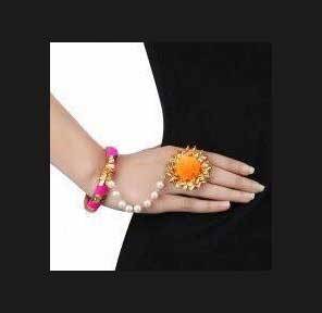 Pink And Orange Gota And Pom Pom Hathphool 1