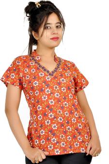 Floral Design Laced Indian Orange Cotton Top 