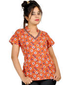 Floral Design Laced Indian Orange Cotton Top 