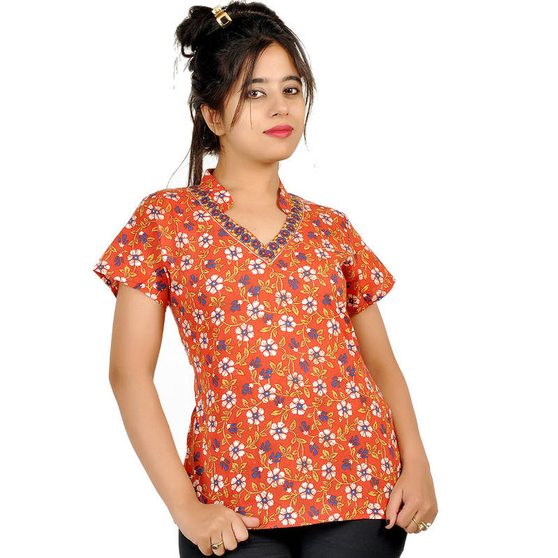 Floral Design Laced Indian Orange Cotton Top 