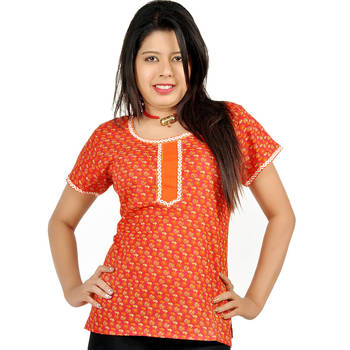 Ethnic Girls Floral Print Orange Cotton Top 1