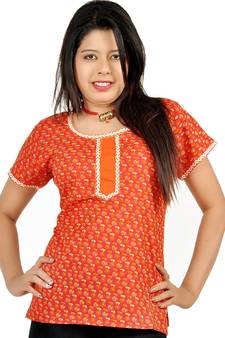 Ethnic Girls Floral Print Orange Cotton Top