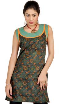 Designer Rajasthani Print Green Cotton Kurti