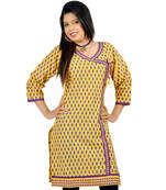 Ethnic Girls Designer Lace Yellow Cotton Kurti