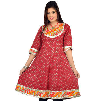 Red Patchwork Designer Cotton Party Long Kurti  1