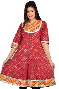 Red Patchwork Designer Cotton Party Long Kurti 