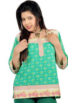 Floral Design Embroidery Sea Green Cotton Top 
