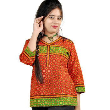 Hand Block Print Ethnic Red Black Cotton Top 1