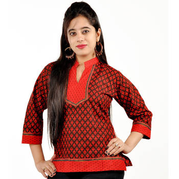 Orange Yellow Ethnic Block Print Cotton Kurti 1
