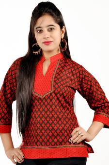 Orange Yellow Ethnic Block Print Cotton Kurti