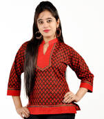 Orange Yellow Ethnic Block Print Cotton Kurti