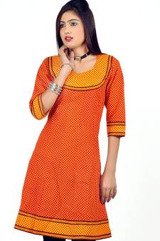 Exclusive Designer Printed Orange Cotton Kurti 