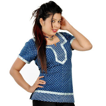 Designer Silver Block Print Blue Cotton Top 1