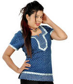 Designer Silver Block Print Blue Cotton Top