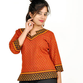 Hand Block Ethnic Design Red Black Cotton Top 1