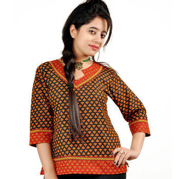 Ethnic Hand Block Print Red Black Cotton Top 1