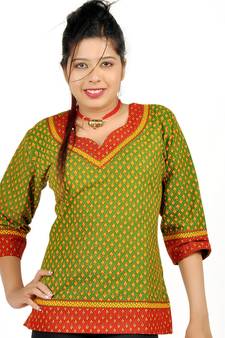 Jaipuri Designer Leaf Print Green Cotton Top