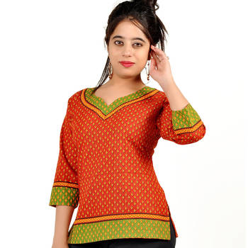 Ethnic Hand Block Print Red Green Cotton Top 1