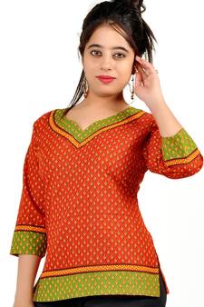 Ethnic Hand Block Print Red Green Cotton Top