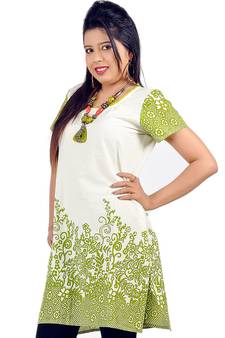 Stylish Abstract Print Girls Green Ivory Kurti 
