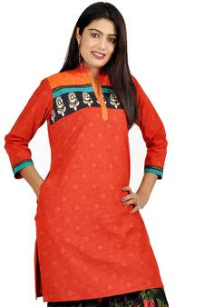 Designer Neck Fancy Orange Print Cotton Kurti 