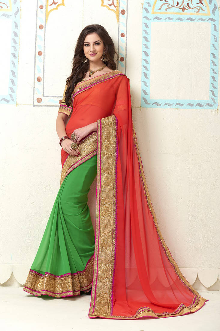 Red embroidered georgette saree with blouse
