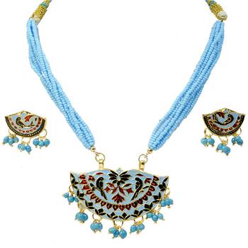 Traditional Sky Blue Design Brass Necklace Set 1