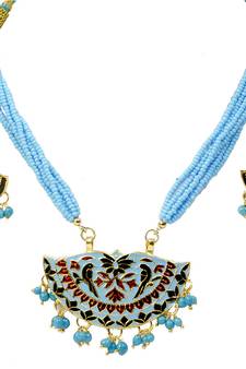 Traditional Sky Blue Design Brass Necklace Set