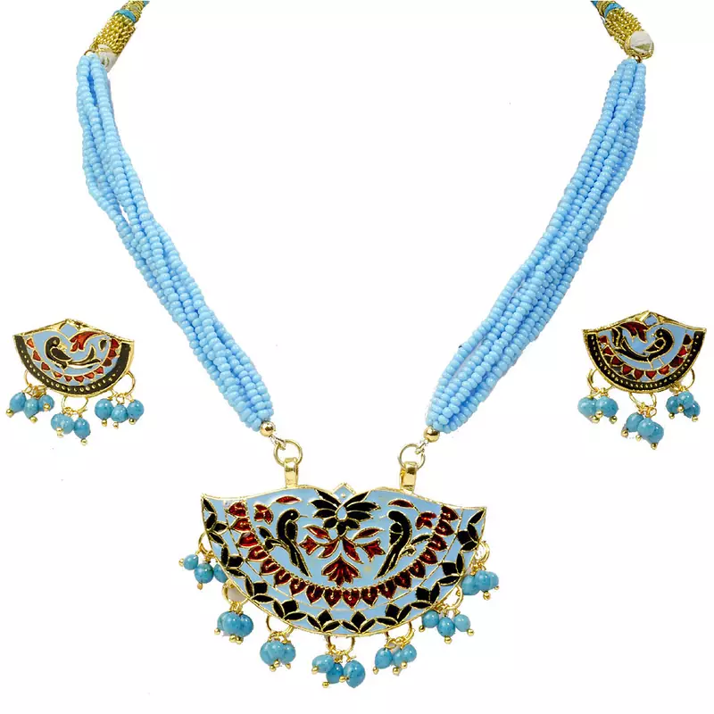 Traditional Sky Blue Design Brass Necklace Set
