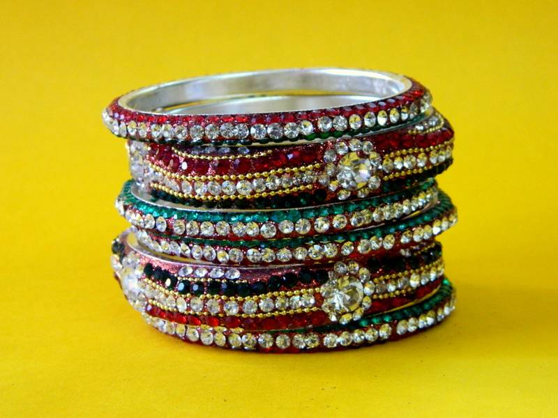Square Shape Red-Green Crystal Lac/Lakh Bangles Of Jaipur