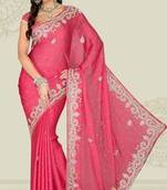 Weeding Carrot Pink Color Satin Chiffon Party Wear Saree with Blouse