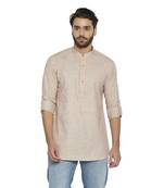 Irin Ethnic Linen Cotton Beige Self Design Straight Short Kurta For Men