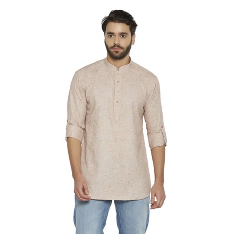 Irin Ethnic Linen Cotton Beige Self Design Straight Short Kurta For Men