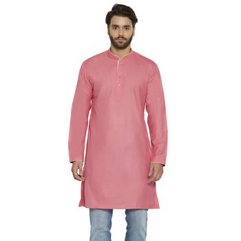 irin Ethnic Poly Cotton Pink Solid Straight Kurta For Men 1