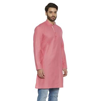 irin Ethnic Poly Cotton Pink Solid Straight Kurta For Men 3